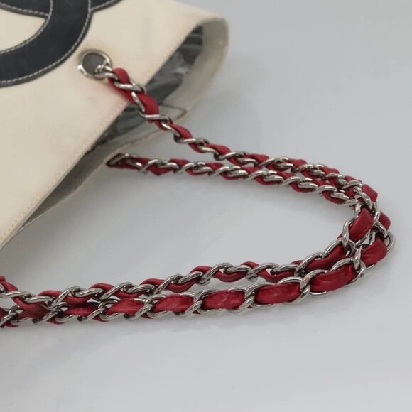 CHANEL Choco Bar COCO Mark Chain Hand Bag Canvas Beige Silver CC Auth BA4601 - Picture 8 of 16